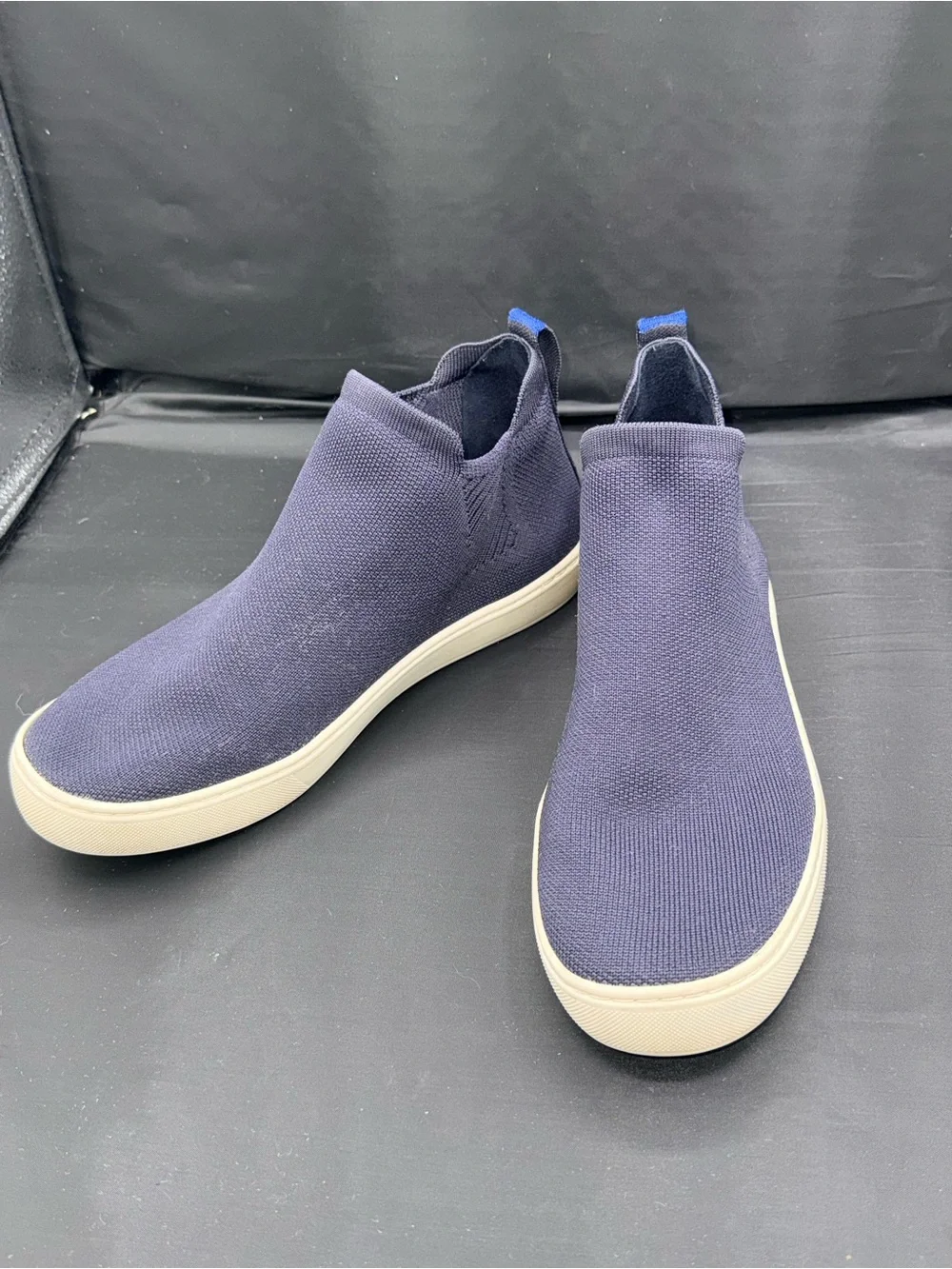 Rothys The Chelsea Navy Blue Knit Ankle Bootie Sneaker Slip On Minimalist 10.5